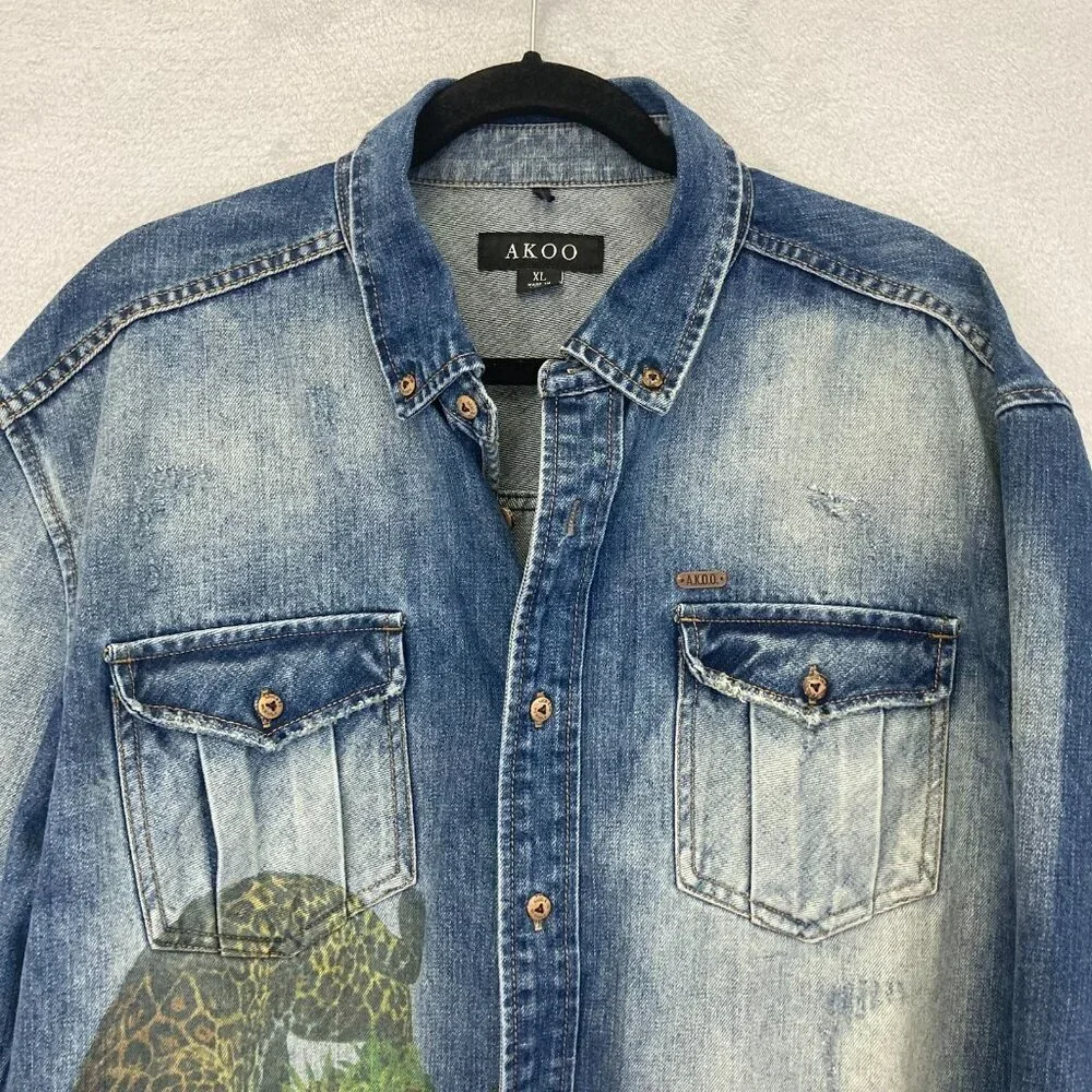 AKOO Denim Button-up Long‎ Sleeve Shirt Jacket Mens XL Distressed Jaguar Leopard